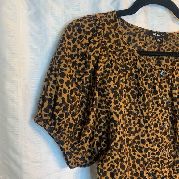 Madewell Animal Print Short Bubble Sleeve Crew Neck Button Up Shirt Womens XS - Picture 4 of 13